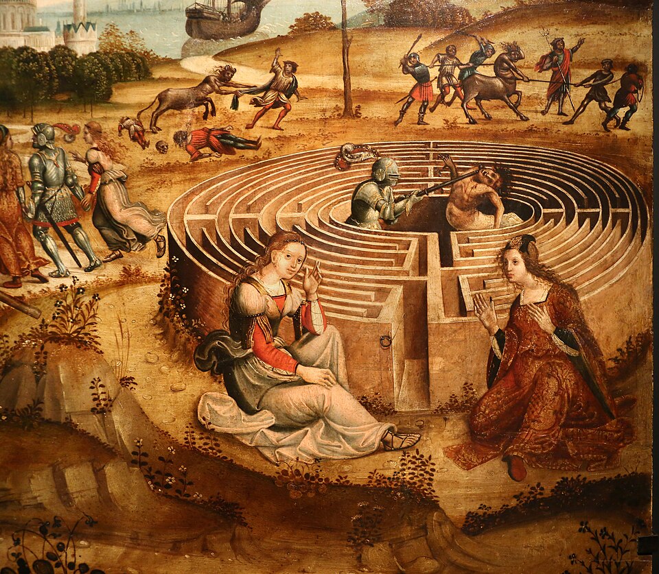 Maestro_dei_cassoni_campana,_teseo_e_il_minotauro,_1510-15_ca._(avignone,_petit_palais)_10_labirinto 2 Thésée et le Minautore photo
